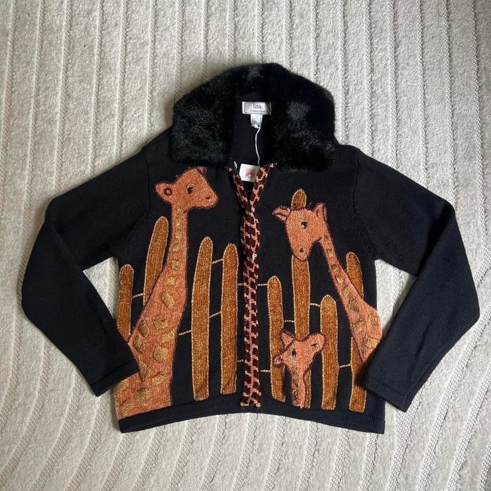 VTG 90s Lisa International black giraffe sweater size Small boho cottage safari